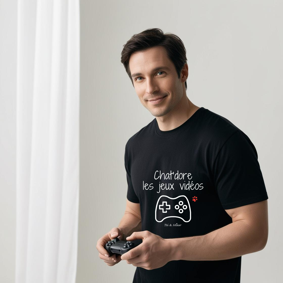 T-shirt Homme "Chat'dore les jeux vidéos" Toi & Miaw