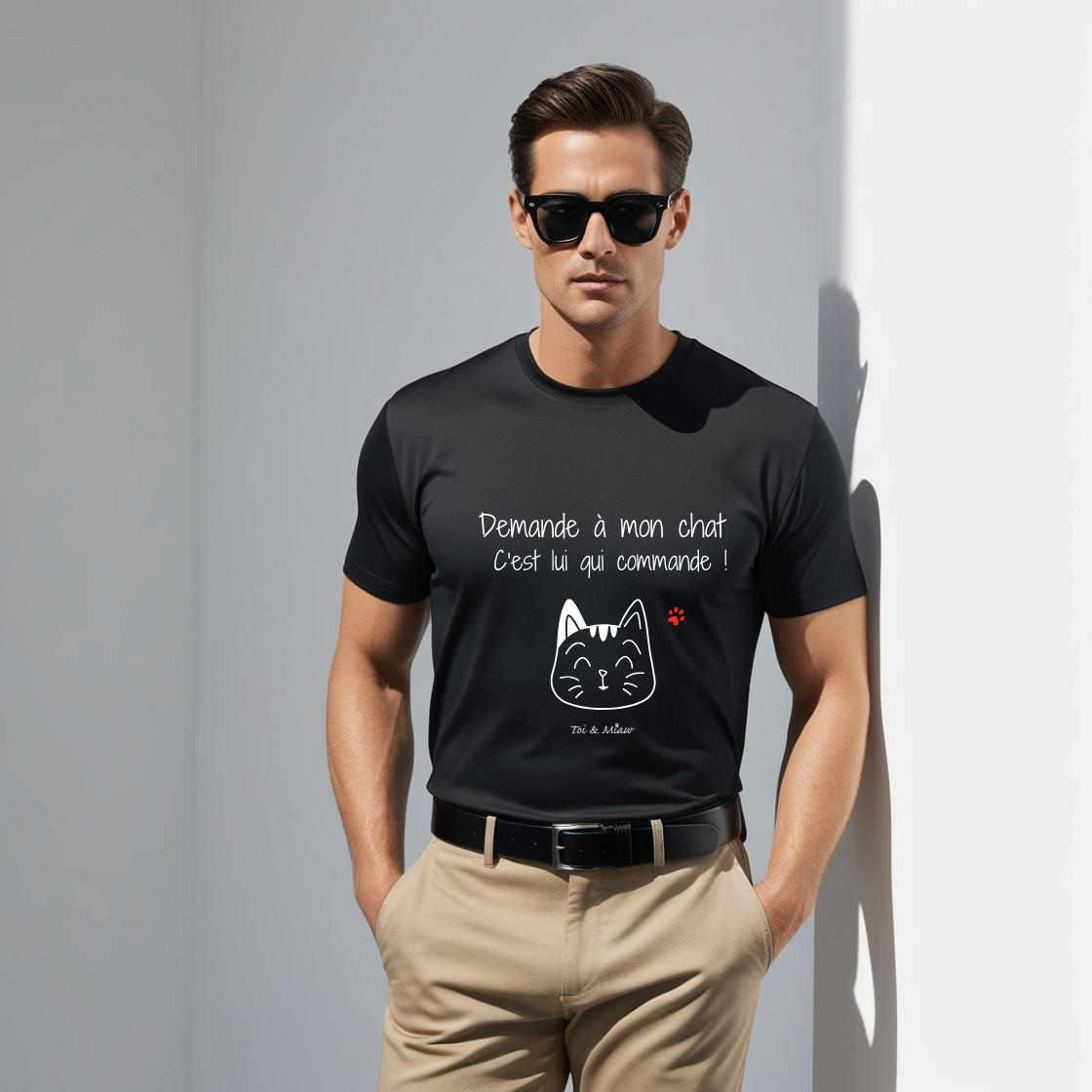 T-shirt Homme "Demande à mon chat, c'est lui qui commande" Toi & Miaw